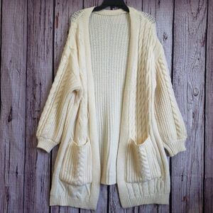 Cable Knit Cardigan Oversized Long Open Chore Dad Cream White Womens Wool Blend